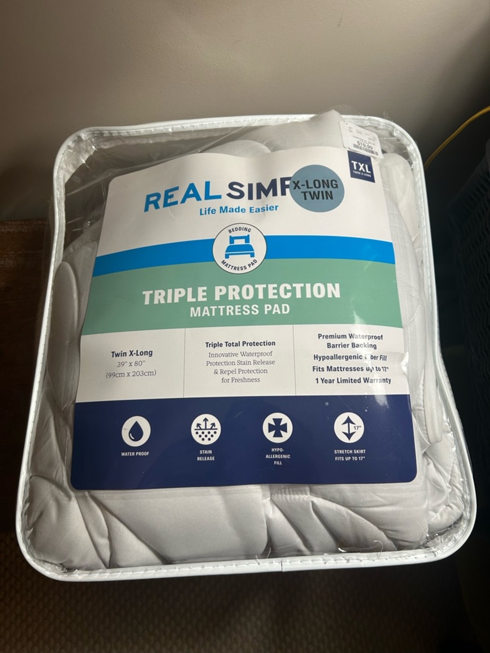 Simple Triple Protection Mattress Pad - White with Blue & Green Label